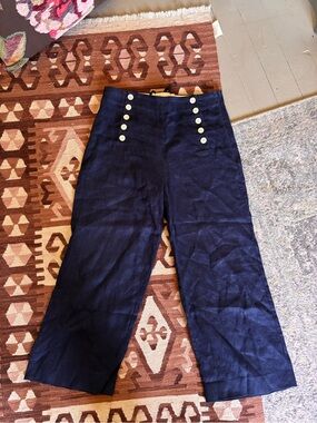 J Crew Linen Navy High-Waisted Wide-Leg Sailor Pants Size 6